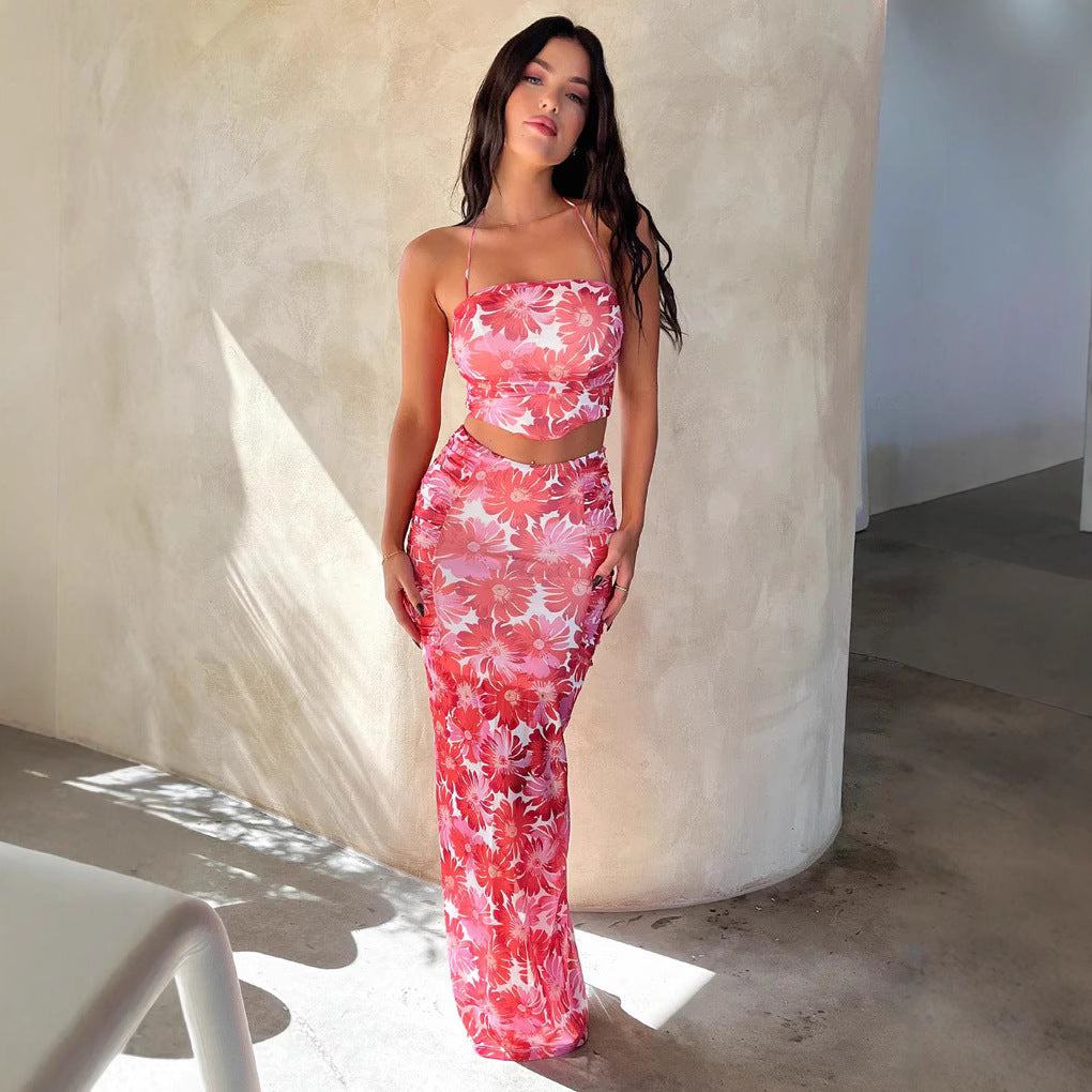Damen Elegantes Crop-Top und Maxirock-Set mit floralem Design Skjora
