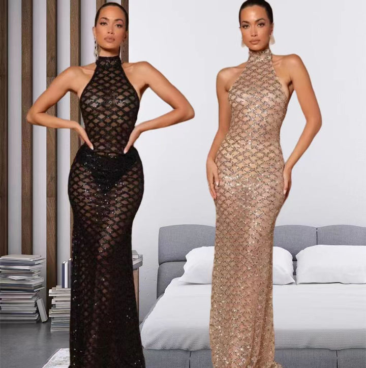 Kvinnenes elegante kveldsdrakt i bodycon-stil med glitrende paljetter