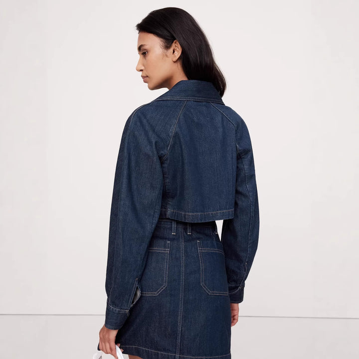 Dame Denim-Crop-Jakke og Miniskjørt Sett Skjora