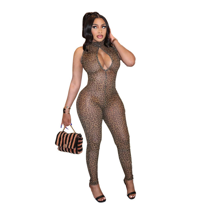Dame Figurtilpasset Jumpsuit med dyp utringning og leopardmønster Skjora