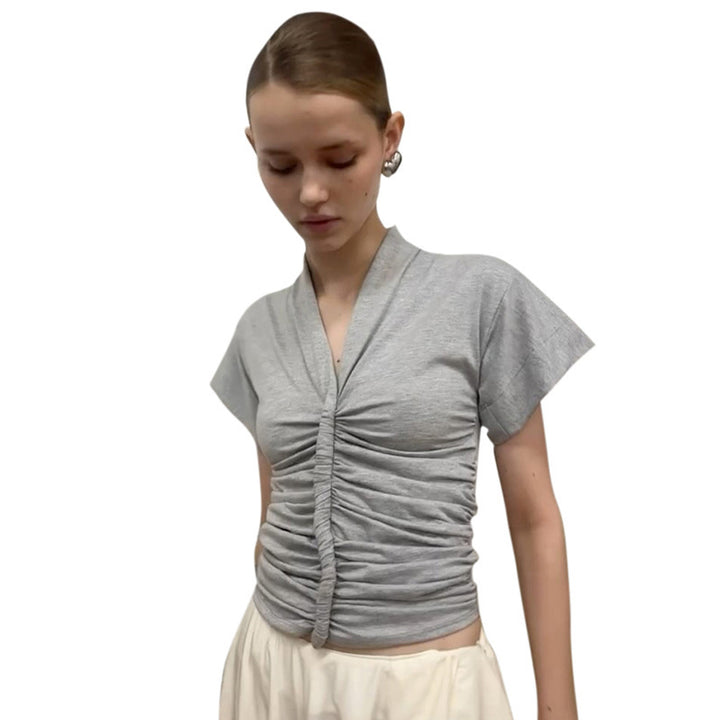 Damer elegant kortermet topp med figurformende ruffling Skjora