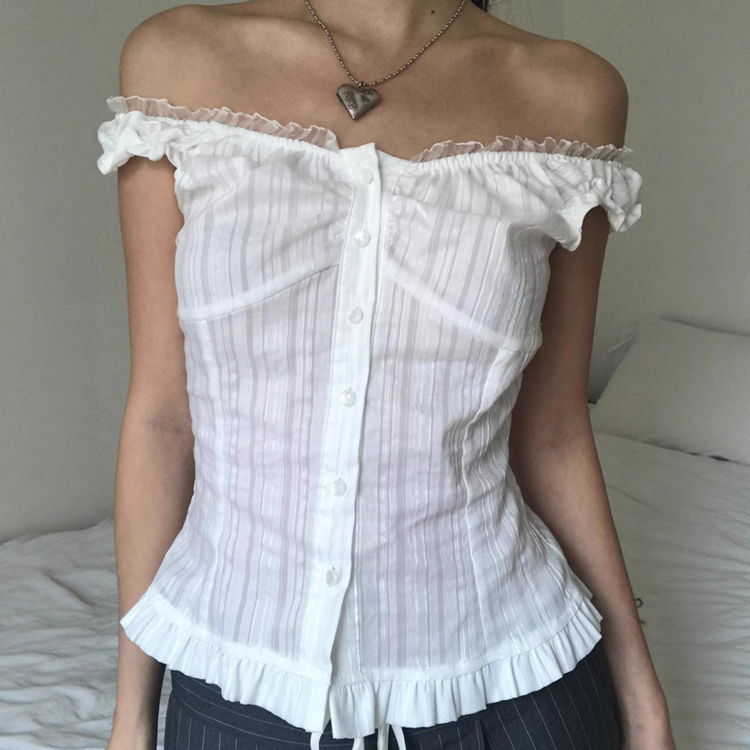 Damer Off-Shoulder Bluse med volangkant og knappdetaljer Skjora