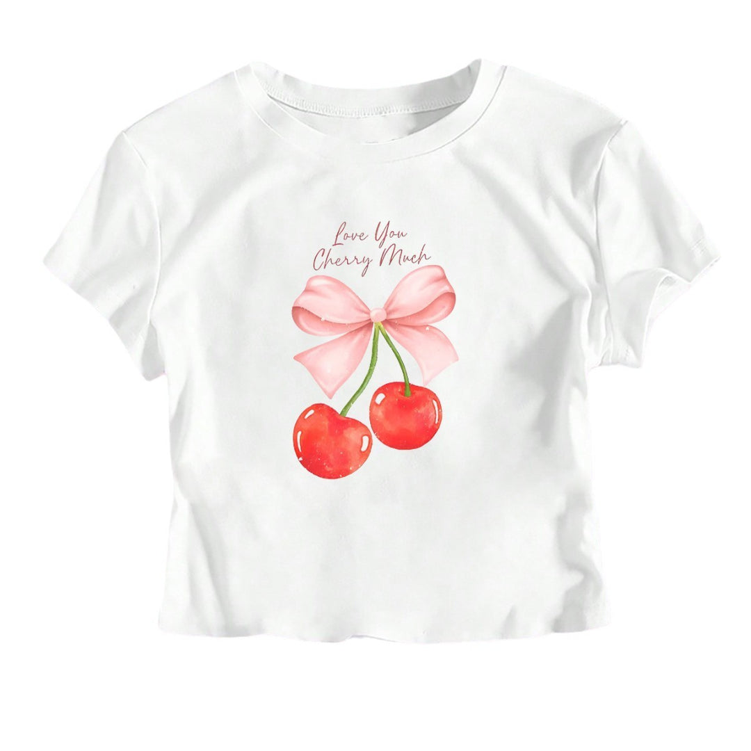 Dame Crop-Top med glatt kirsebærmotiv og sløyfeprint Skjora