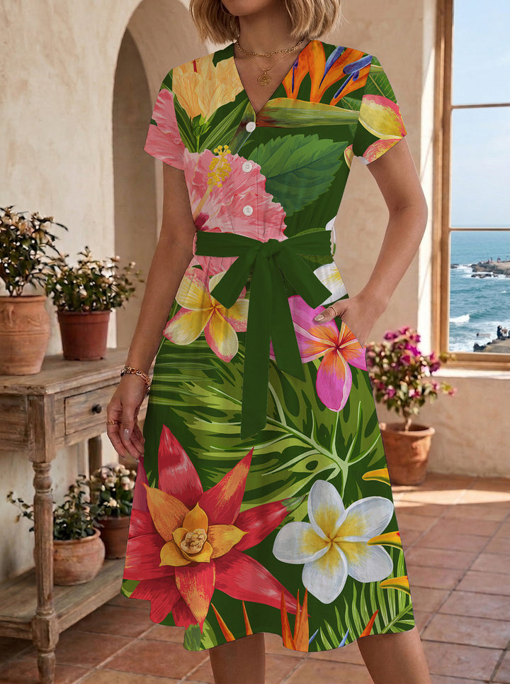 Damen Midikleid mit floralem Motiv und Taillengürtel Skjora
