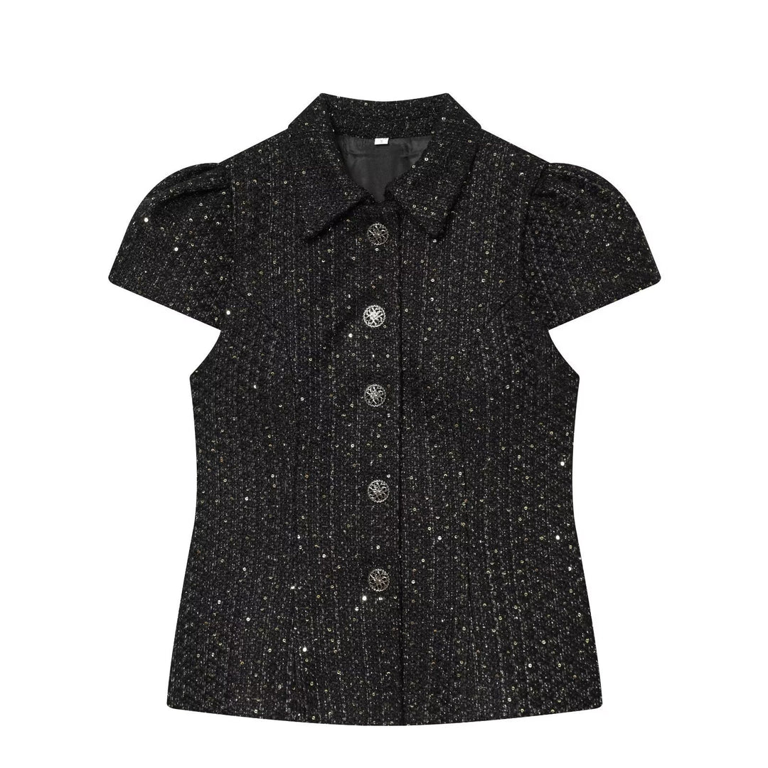 Dame elegant bluse med strukturert stoff og dekorative knapper Skjora