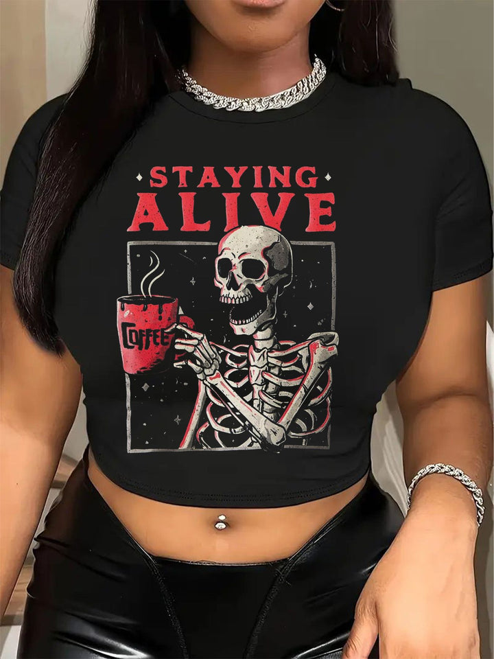 Dame Crop-T-skjorte med kreativt skjelettdesign og inspirerende tekst Skjora