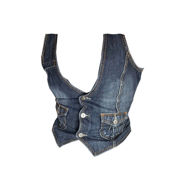 Dame Denim Bustierjakke med nostalgisk spidseinsetting og dekorative knappedetaljer Skjora
