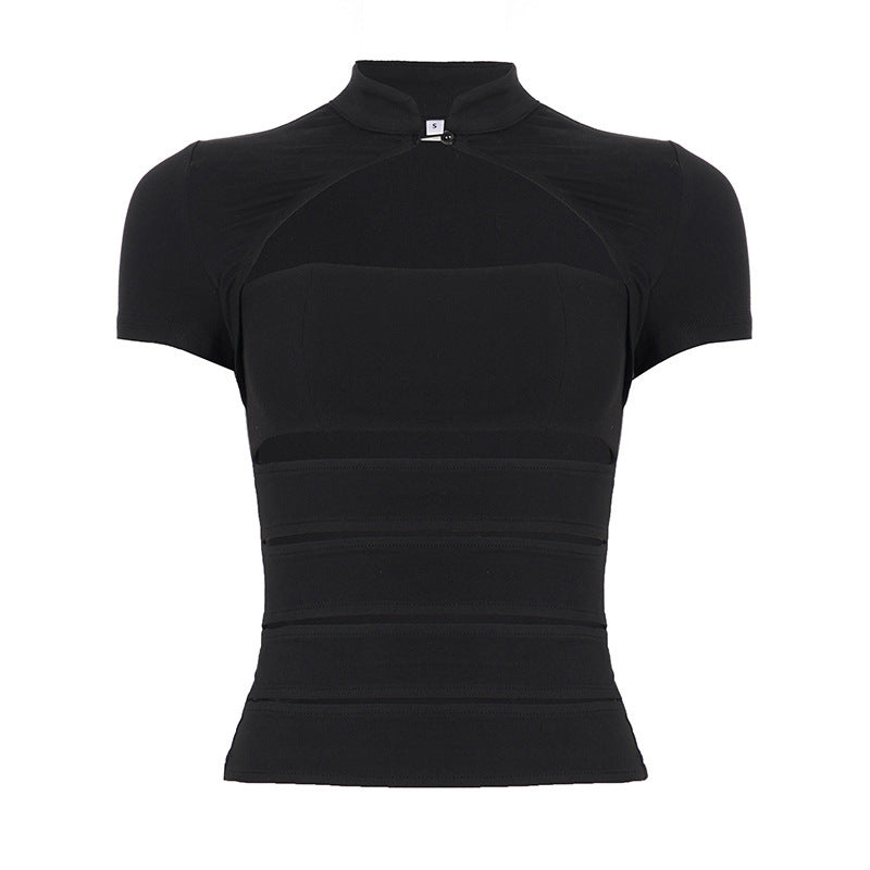 Dame Cropped Bluse fra slitesterkt stretchmateriale med elegant ståkrage Skjora