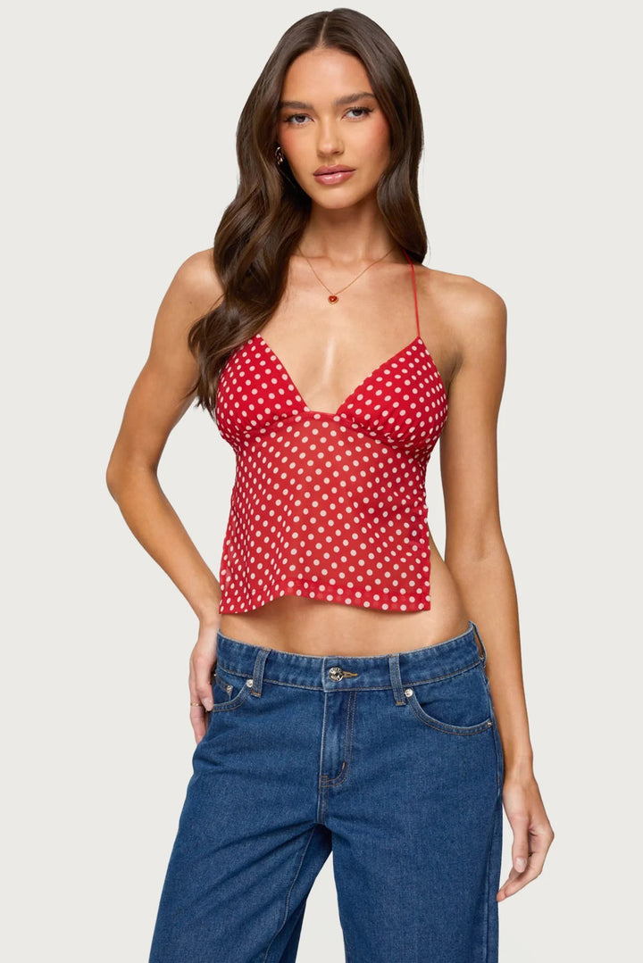 Dame Polka Dot Top med delikate stropper og figurtilpasset snitt Skjora