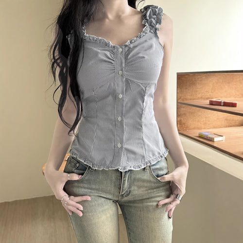 Dame bluse topp med volangdetaljer og elegante striper Skjora