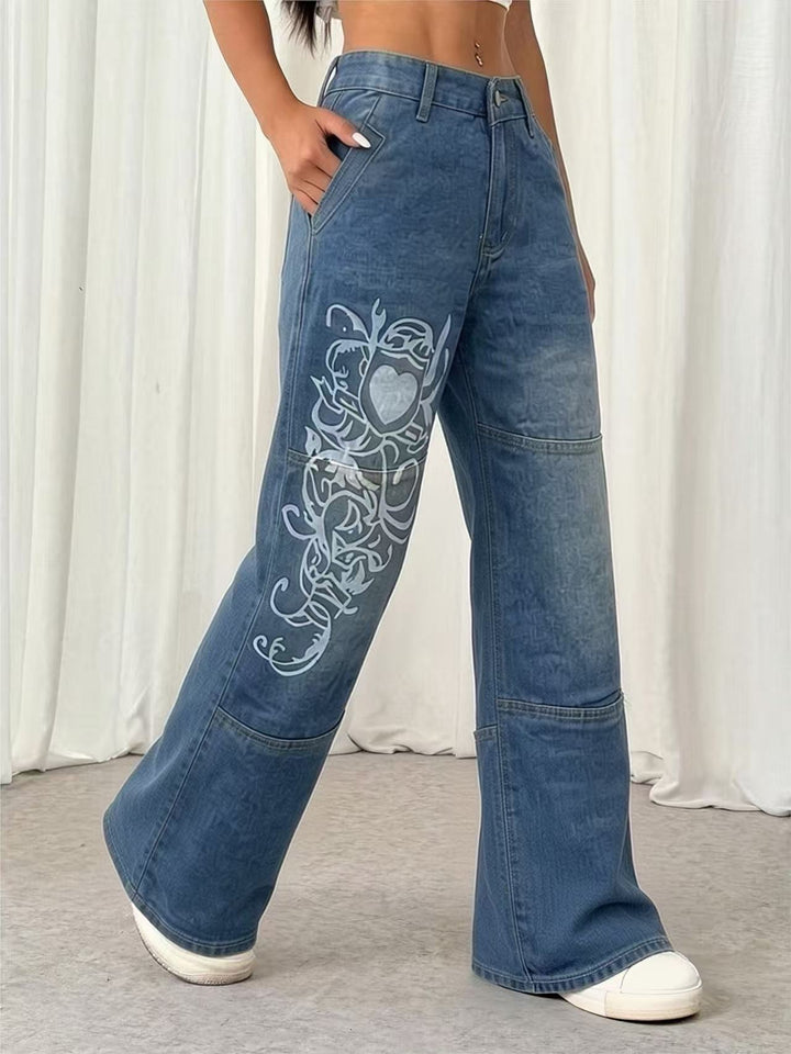 Dame vide jeans med kunstnerisk trykk Skjora