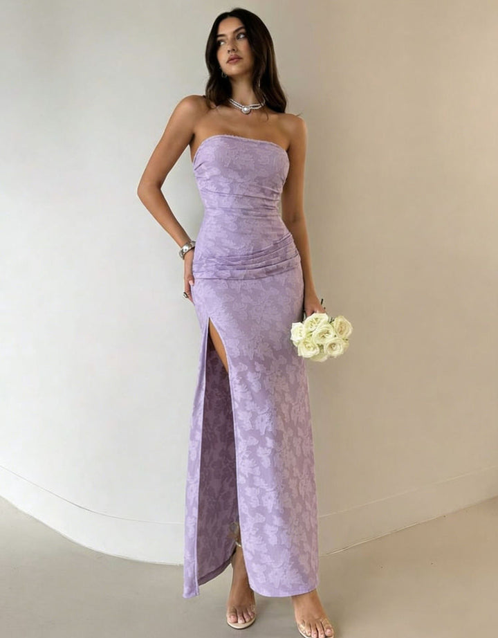 Dame Elegant Maxikjole med blomsterdesign og høy splitt Skjora