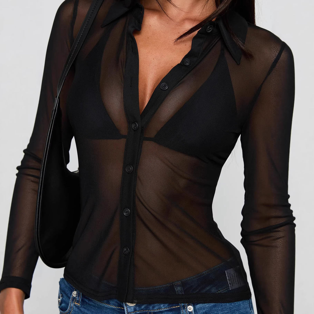Dame Gjennomsiktig Bluse med sexy Design og fine Knapper detaljer Skjora