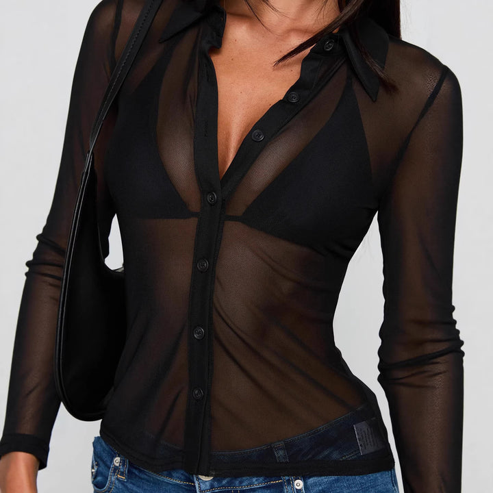 Dame Gjennomsiktig Bluse med sexy Design og fine Knapper detaljer Skjora