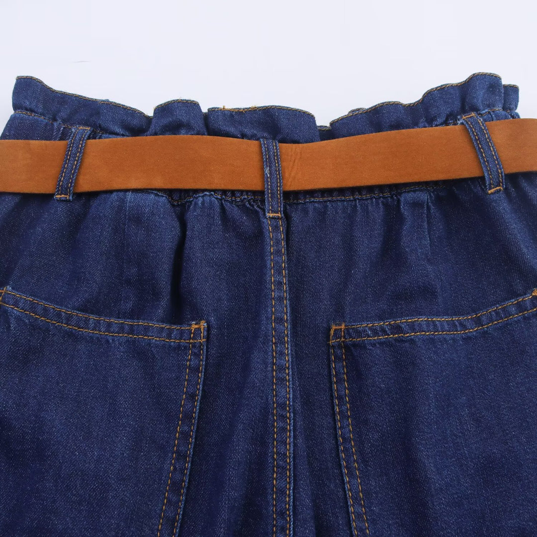 Dame Denim-shorts med høykvalitets lærbelte og elastisk midje Skjora