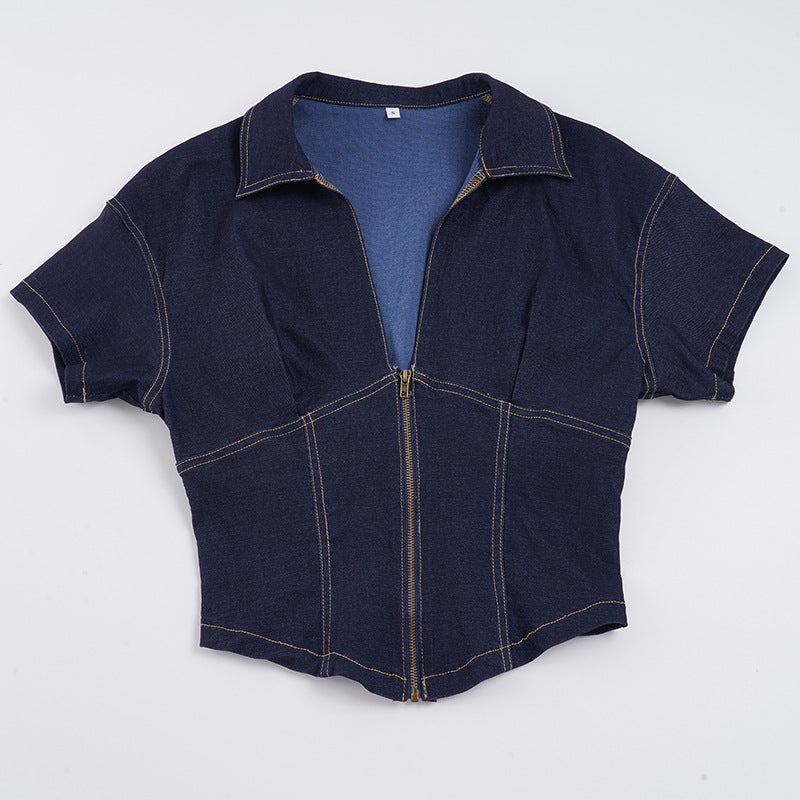 Dame Korte ermer Denim-jakke med delbar glidelås og moteriktig snitt Skjora