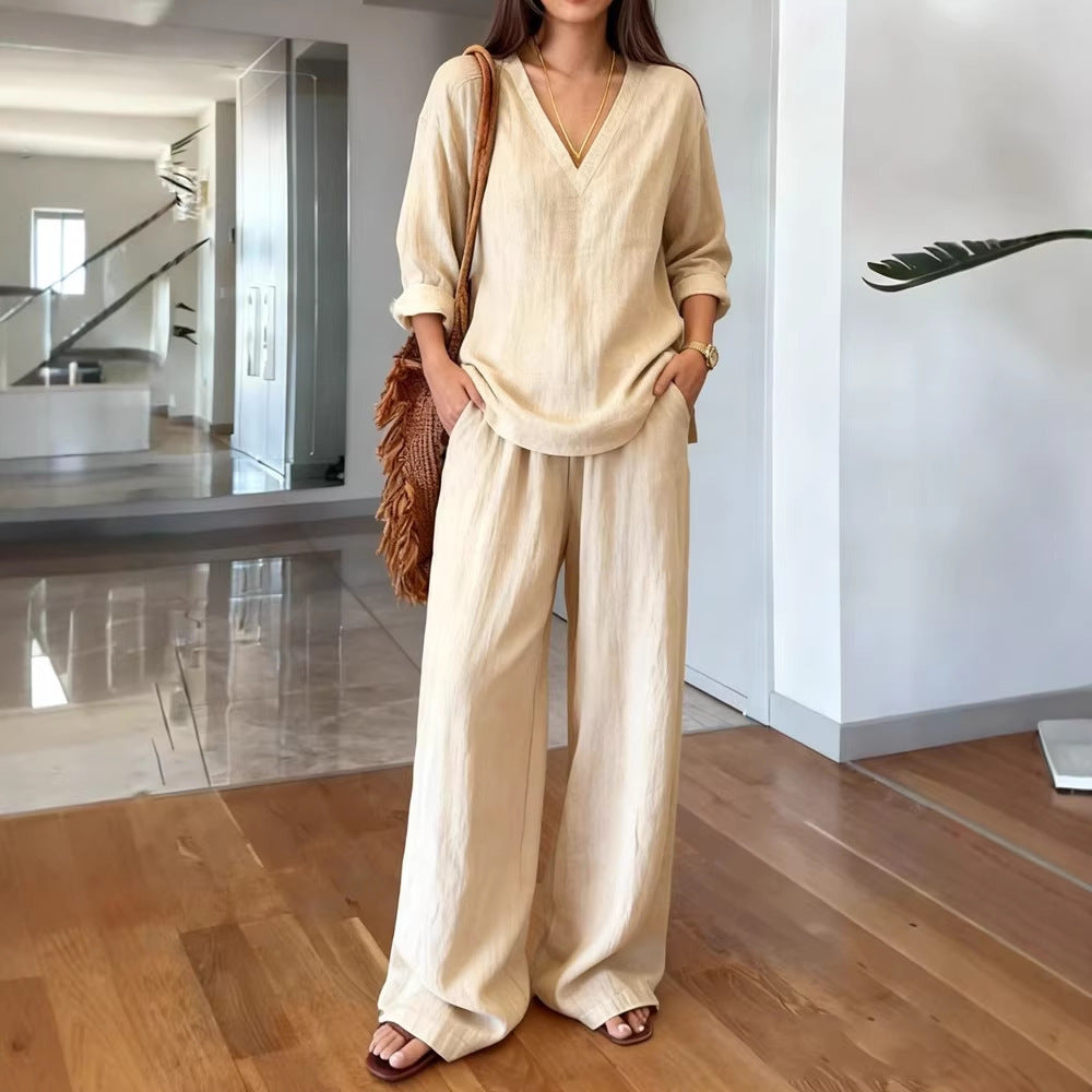 Kvinne Casual Lin Topp og Bred Palazzo Bukser Sett Skjora