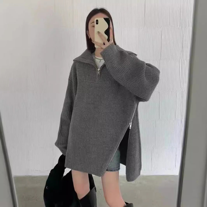 Kvinnes oversized strikkegenser med glidelås og sideslisser Skjora