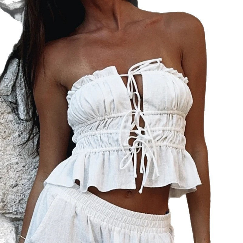 Dame Cropped topp med volangkant og sexy snøring Skjora