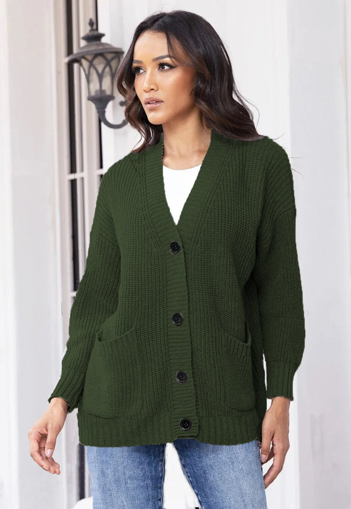 Dame chunky strikk cardigan med store lommer og klassisk V-hals Skjora