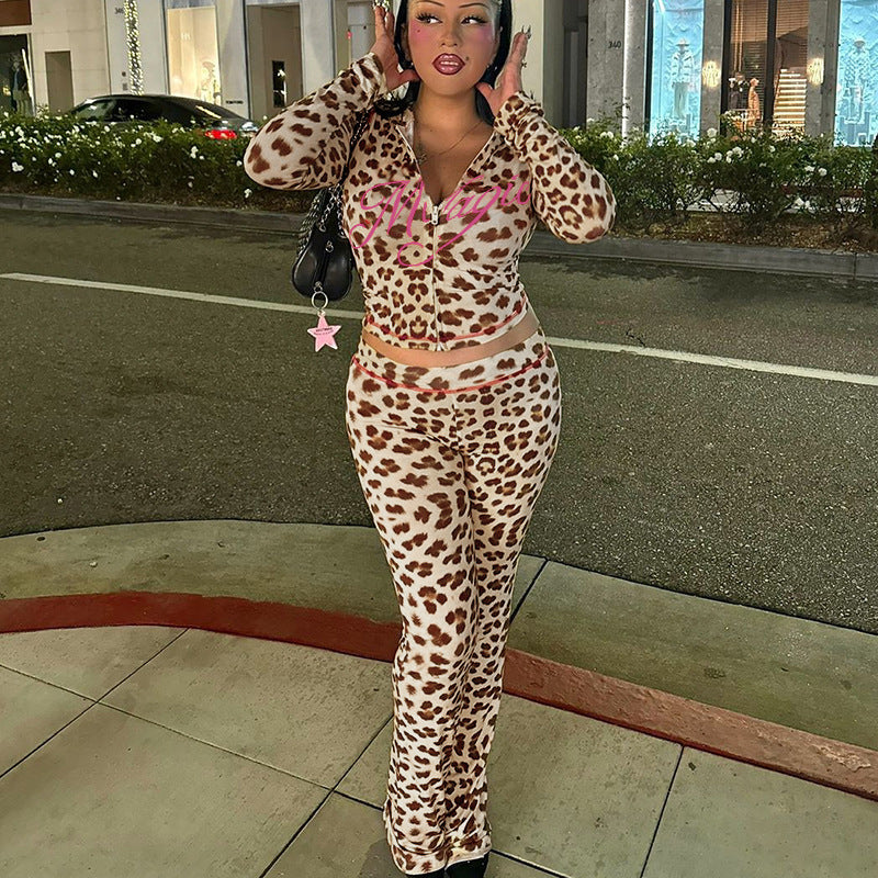 Dame stilige bell-bukser med leo-print og elastisk liv Skjora