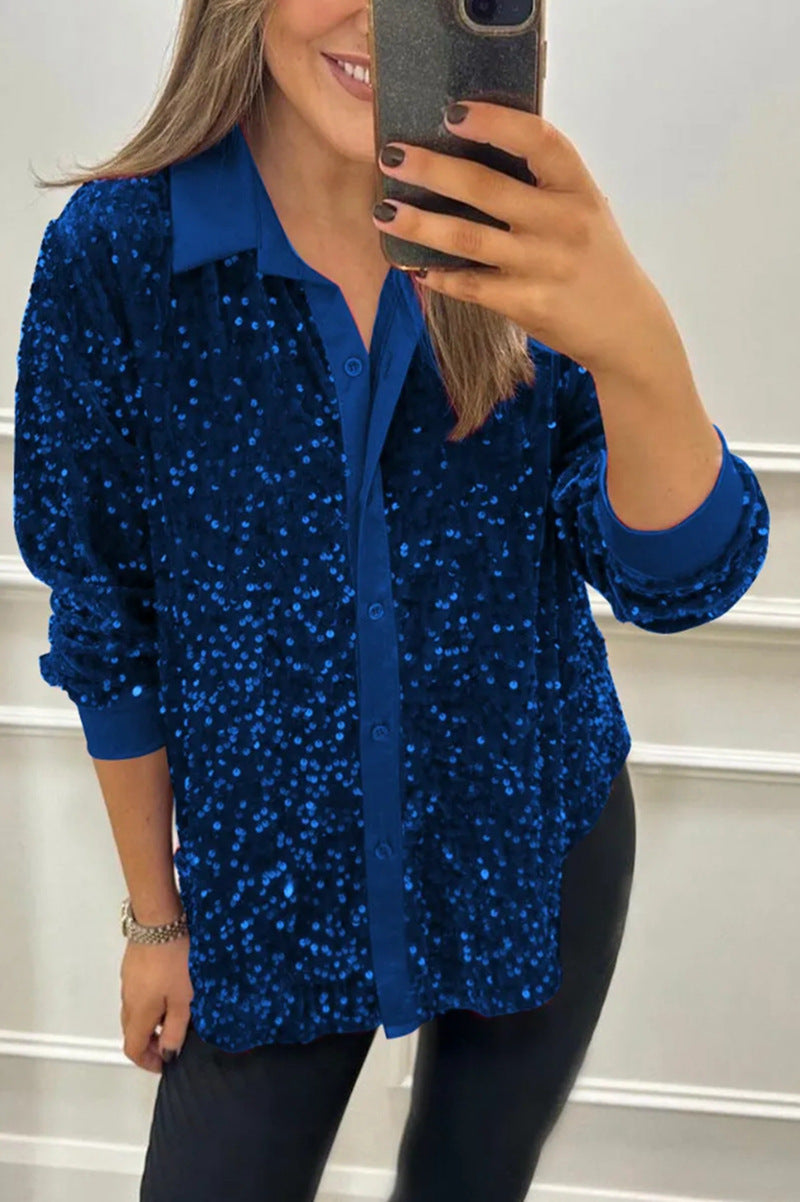 Kvinnes glamorøse paljettbluse med klassisk krage og lange ermer Skjora