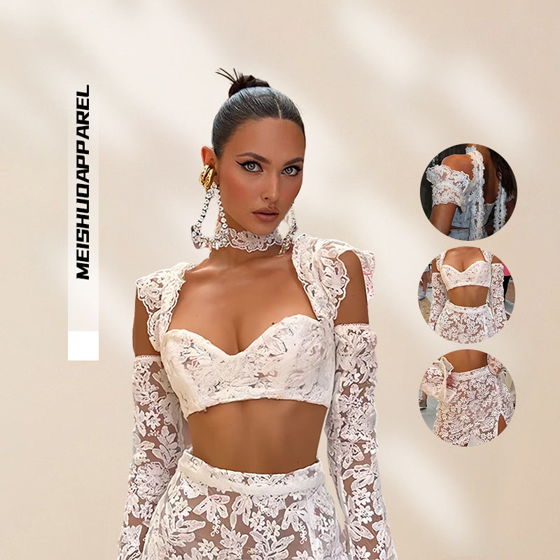 Dame Blonde Crop Top og Skjørt Sett med Gjennomsiktige Detaljer Skjora