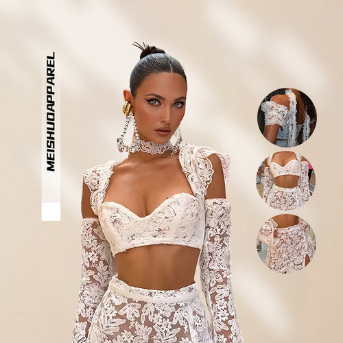 Dame Blonde Crop Top og Skjørt Sett med Gjennomsiktige Detaljer Skjora