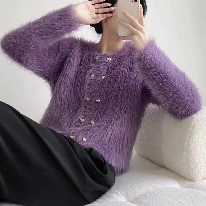 Women's Fluffy Cardigan with Golden Button Details Skjora