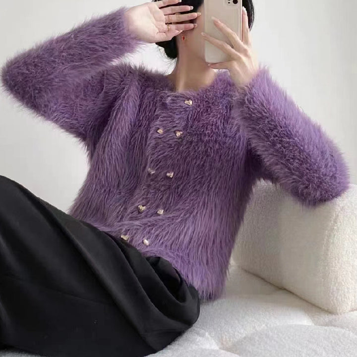 Women's Fluffy Cardigan with Golden Button Details Skjora