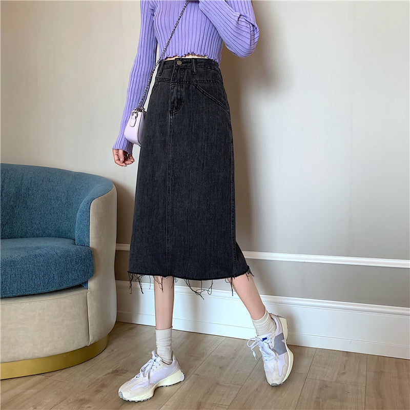 Damer Midi Denim skjørt med ujevn kant Skjora