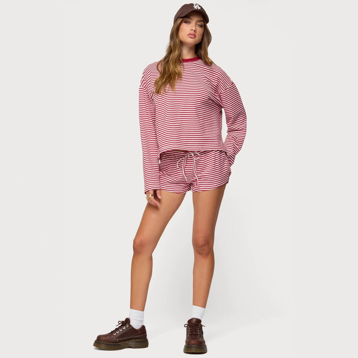 Damer Løs stripete loungewear-sett med langermet topp og shorts Skjora