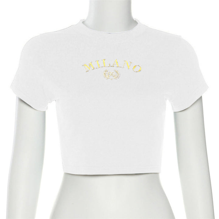 Dame cropped T-skjorte med brodert tekst og rund hals Skjora