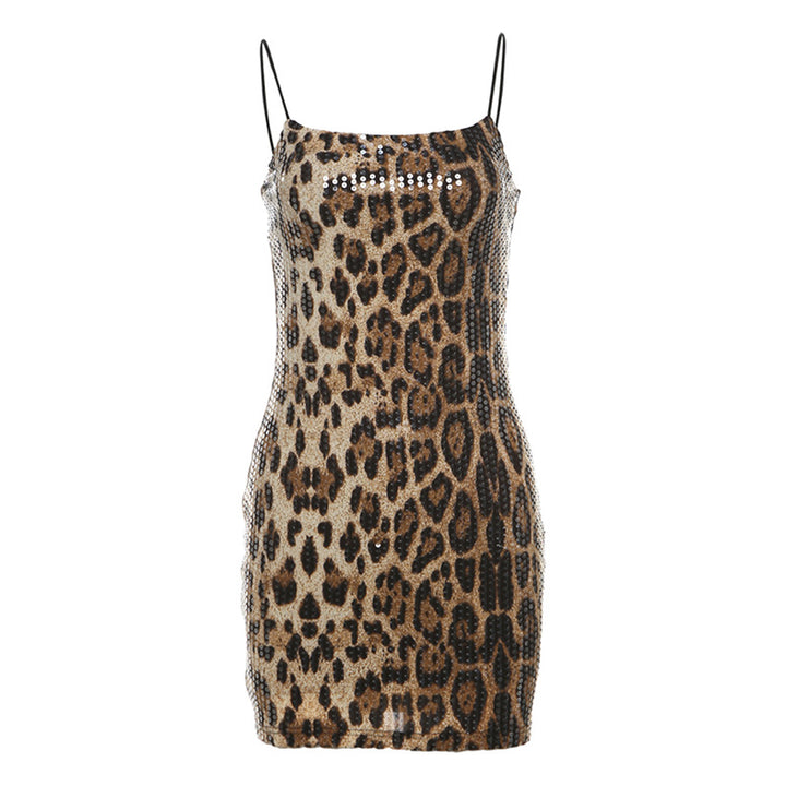 Dame Glitrende Minikjole med Leopardmønster og Spaghettistropper Skjora