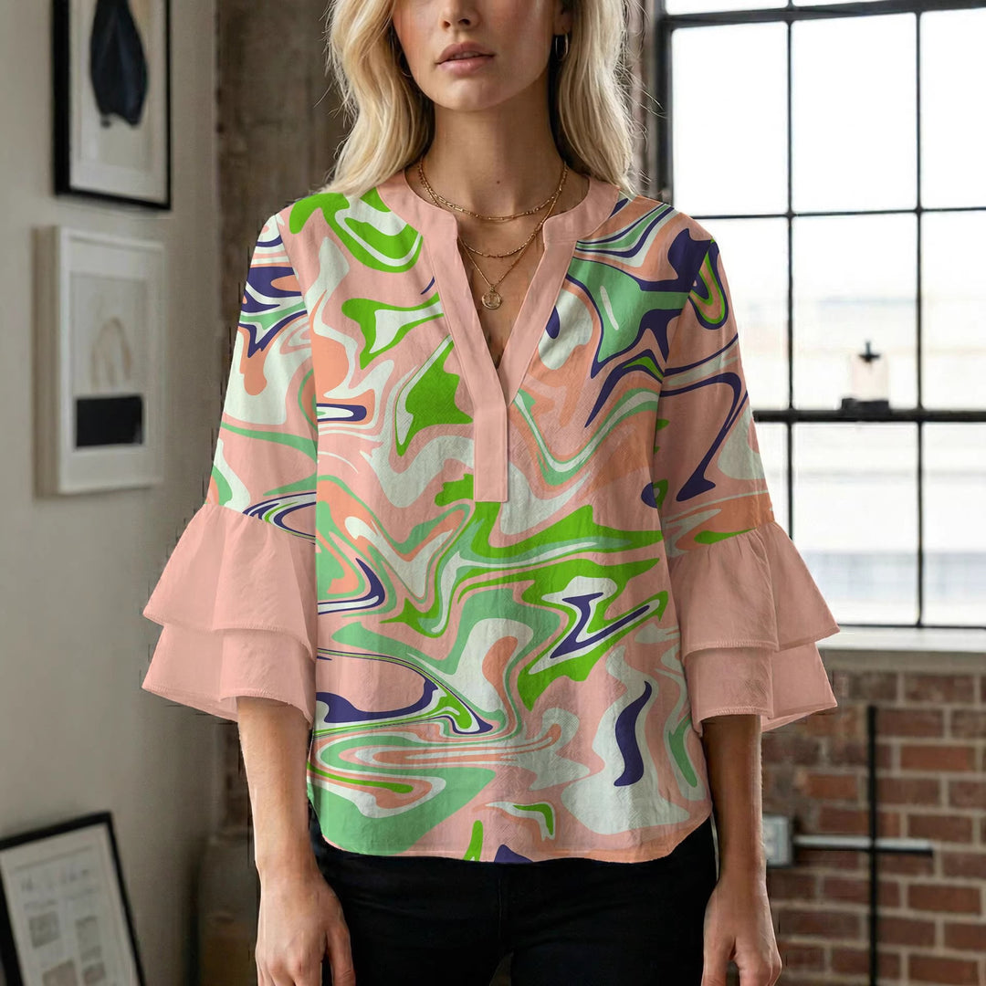 Dame bluseskjorte med voluminøse ermer og kreativt trykkdesign Skjora