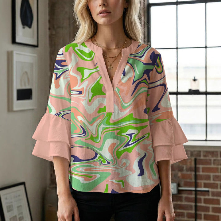Dame bluseskjorte med voluminøse ermer og kreativt trykkdesign Skjora