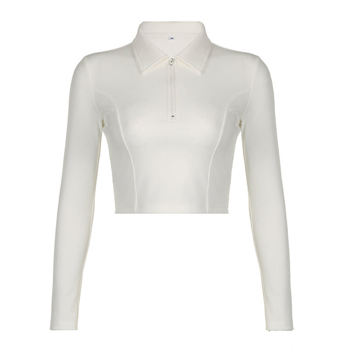 Damer langermet cropped poloshirt med mykt strukturmateriale Skjora