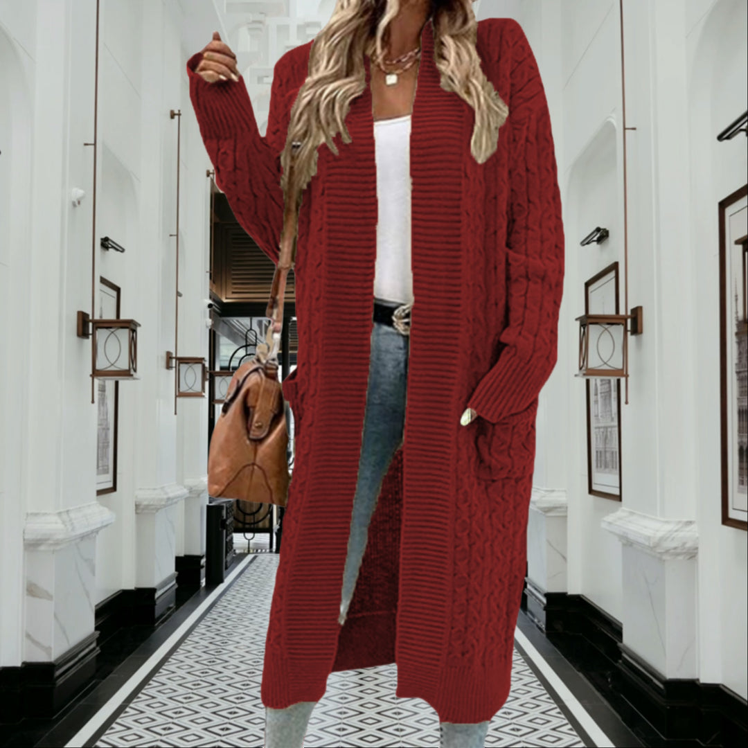 Kvinnes chunky strikket cardigan med åpen design og praktiske lommer Skjora