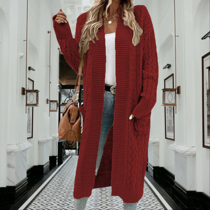 Kvinnes chunky strikket cardigan med åpen design og praktiske lommer Skjora