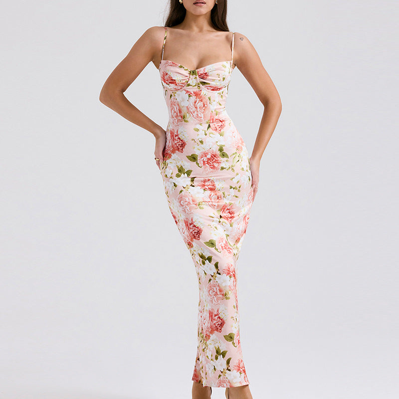 Kvinne Bodycon Maxi Kjole med Blomsterdetaljer og Justerbare Spaghettistropper