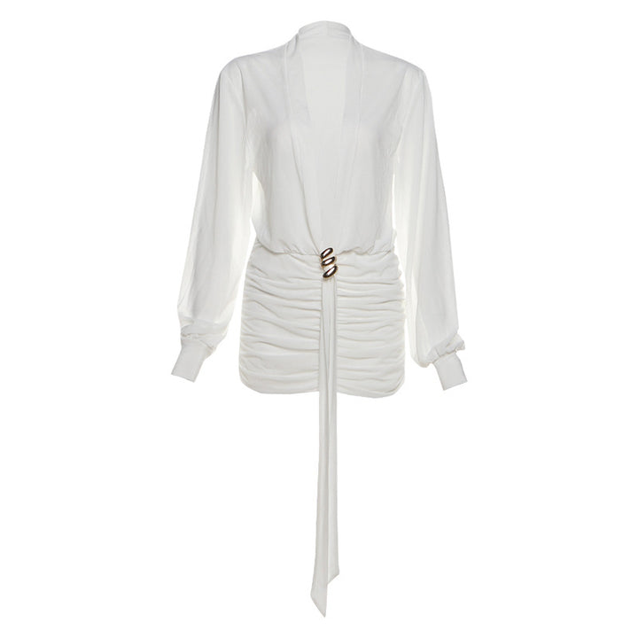Dame innpakningsbluse med elegant drapering og fargerik brochelukking Skjora