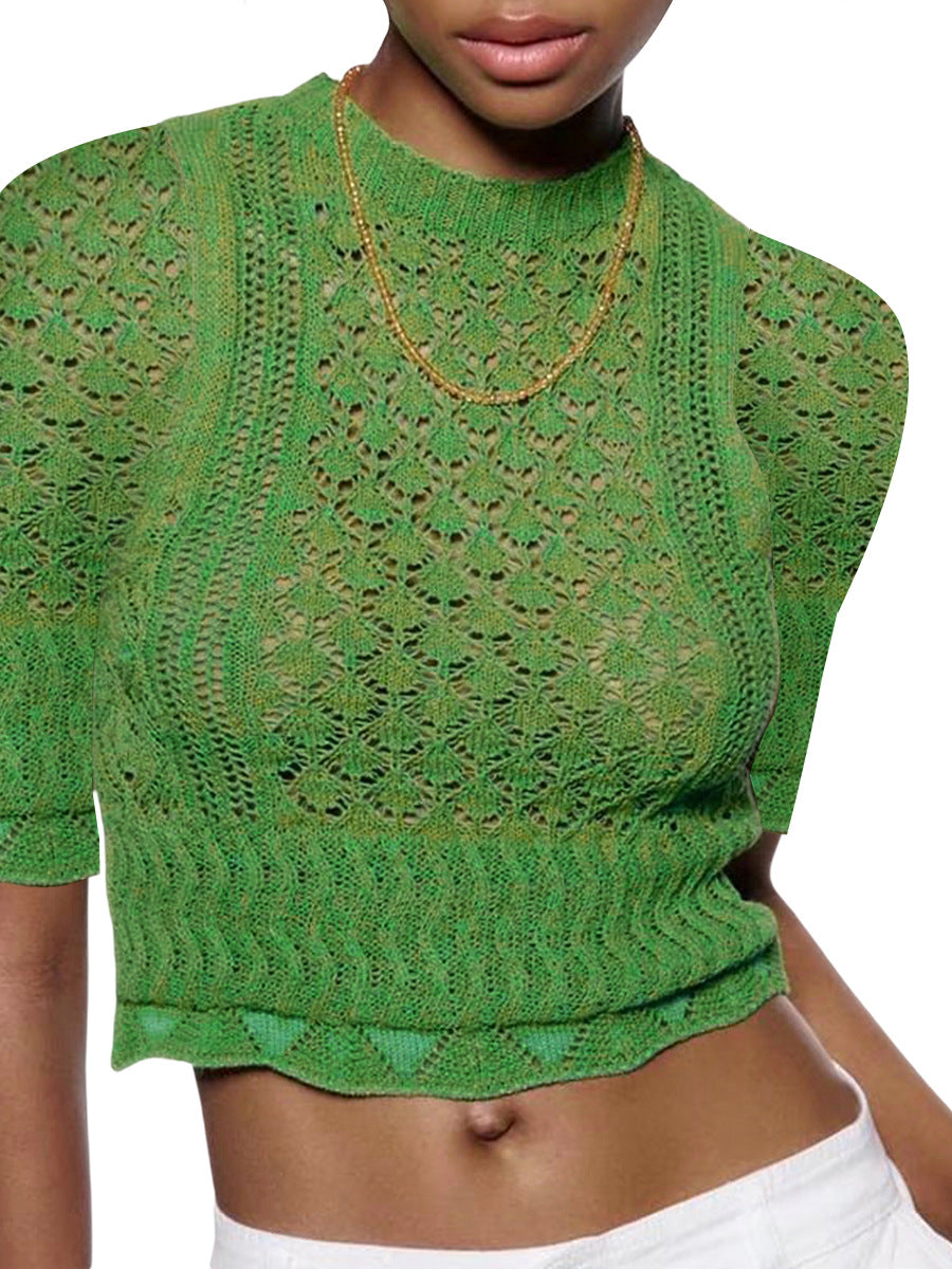 Dame Print Strikketopp med luftig nettstruktur og trendy crop-skjæring Skjora