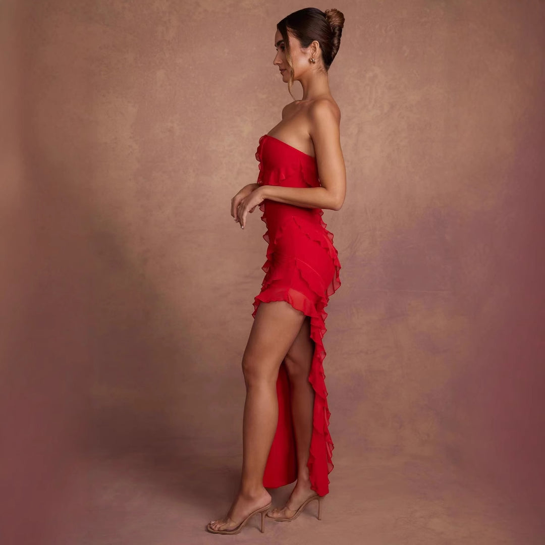 Dame Off-Shoulder Minikjole med asymmetrisk volangkant Skjora