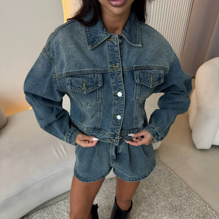 Dame Denim Jakke med Korte Ermer og Matchende Shorts Skjora