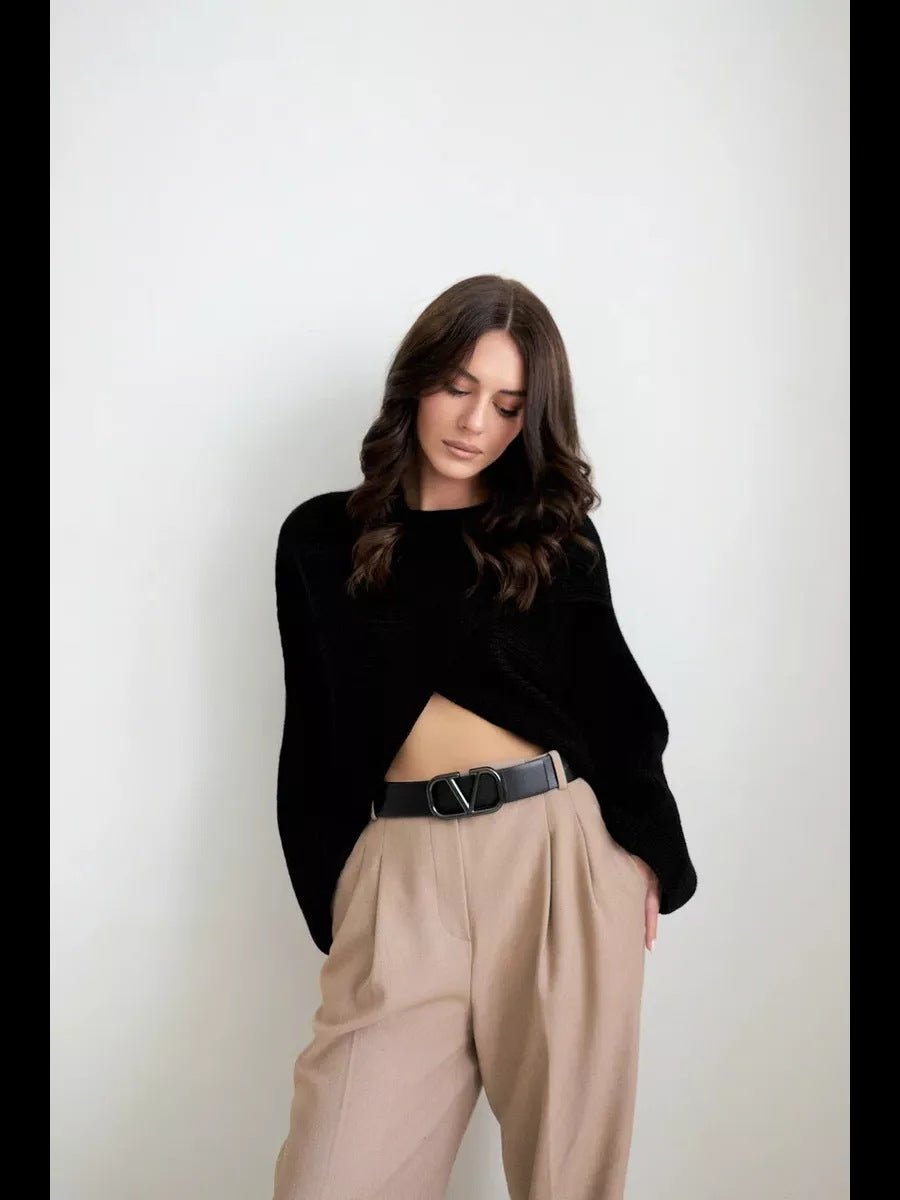 Kvinnens casual cropped strikkegenser med løs passform Skjora