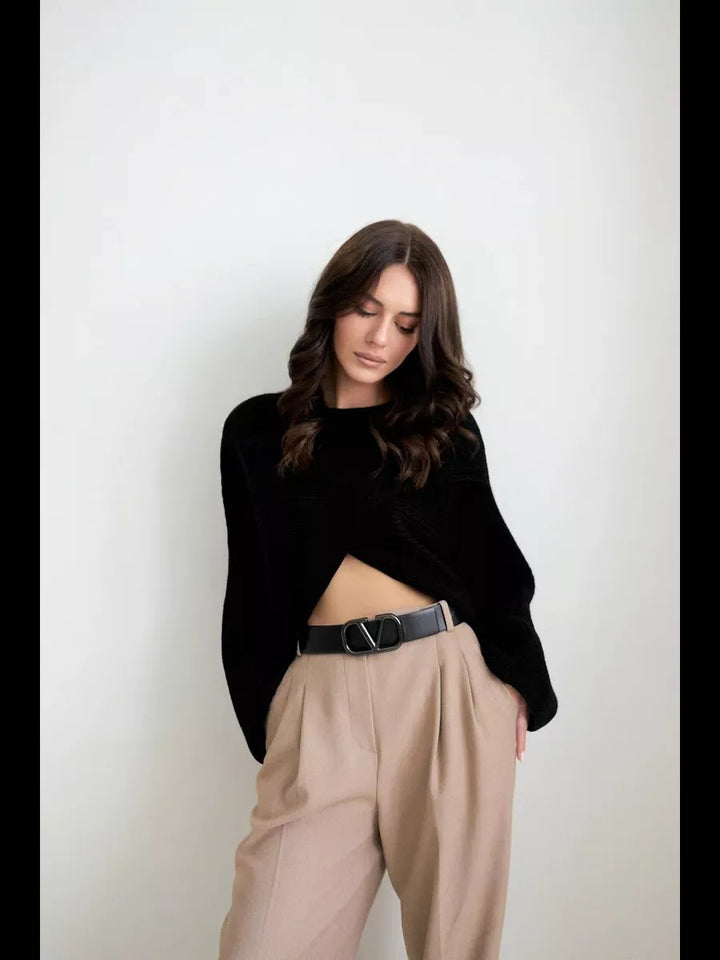 Kvinnens casual cropped strikkegenser med løs passform Skjora