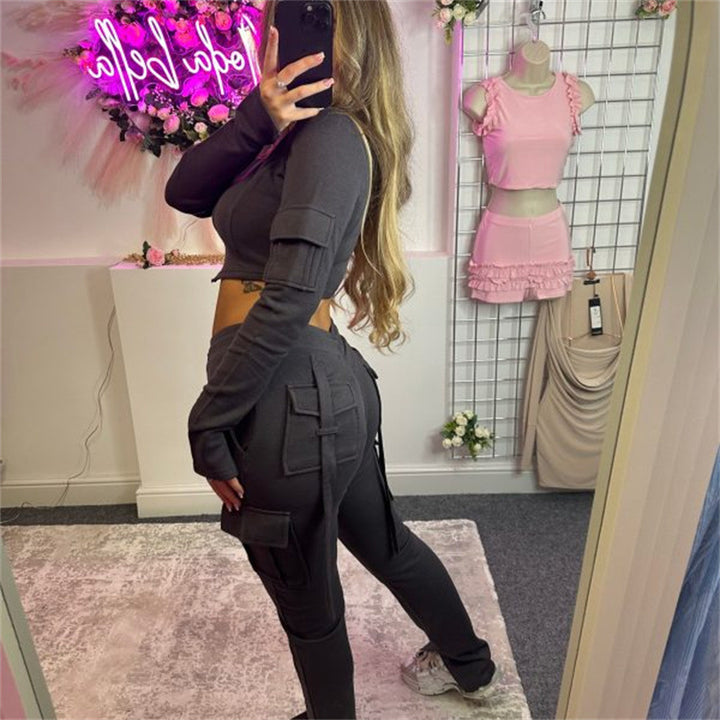 Damer Crop Top og Cargo Bukser Sett Skjora