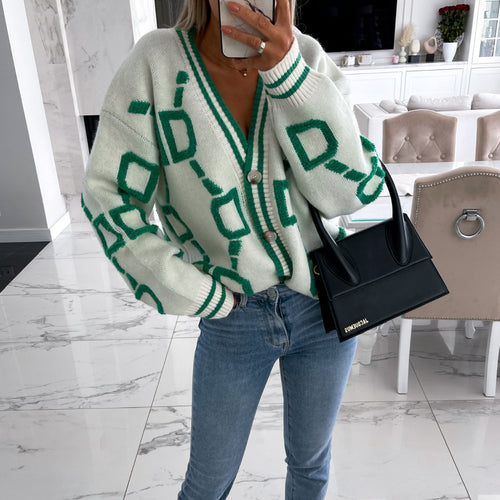 Dame oversized strikkegenser med fargerikt geometrisk mønster Skjora