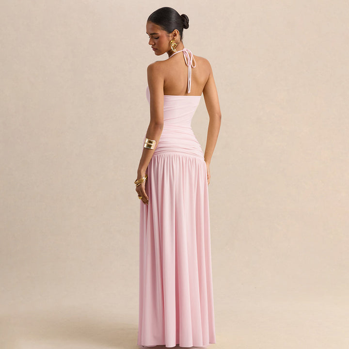 Dame maxikjole med rynker og off-shoulder design Skjora