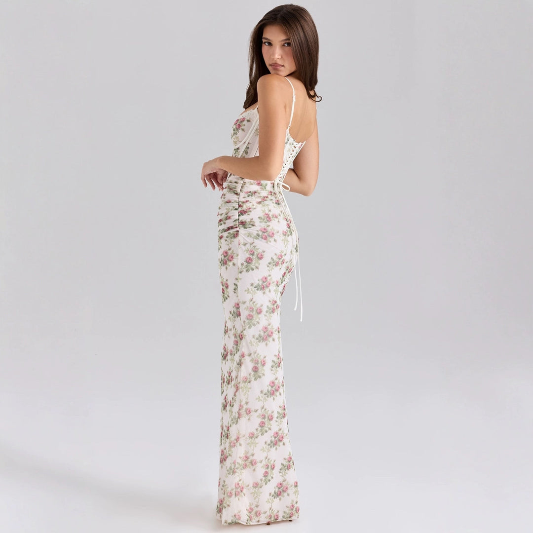 Damer Elegant Maxi Kjole med Blonde Korsett og Blomstertrykk Skjora